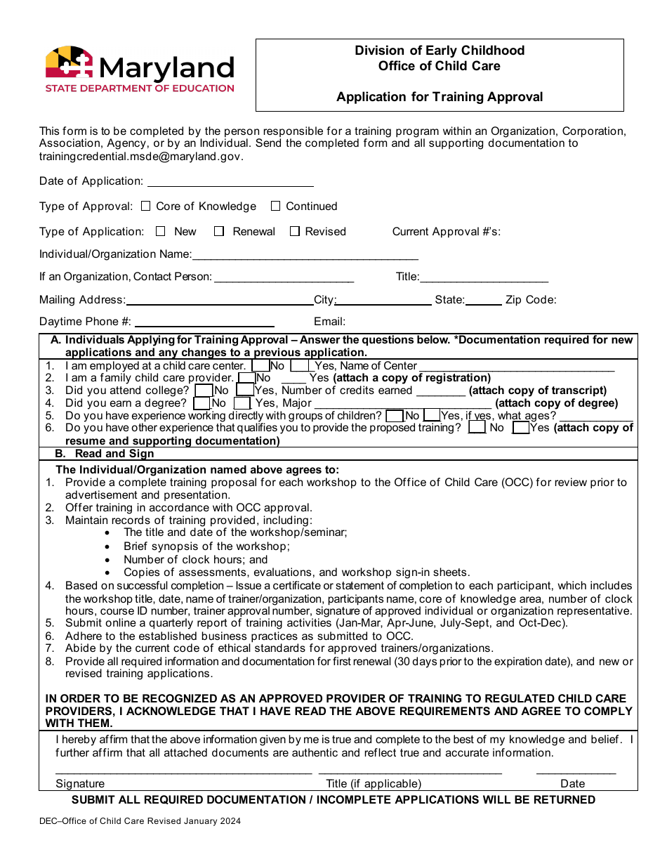 Application for Training Approval - Maryland, Page 1