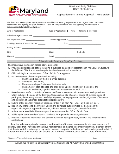 Application for Training Approval - Pre-service - Maryland