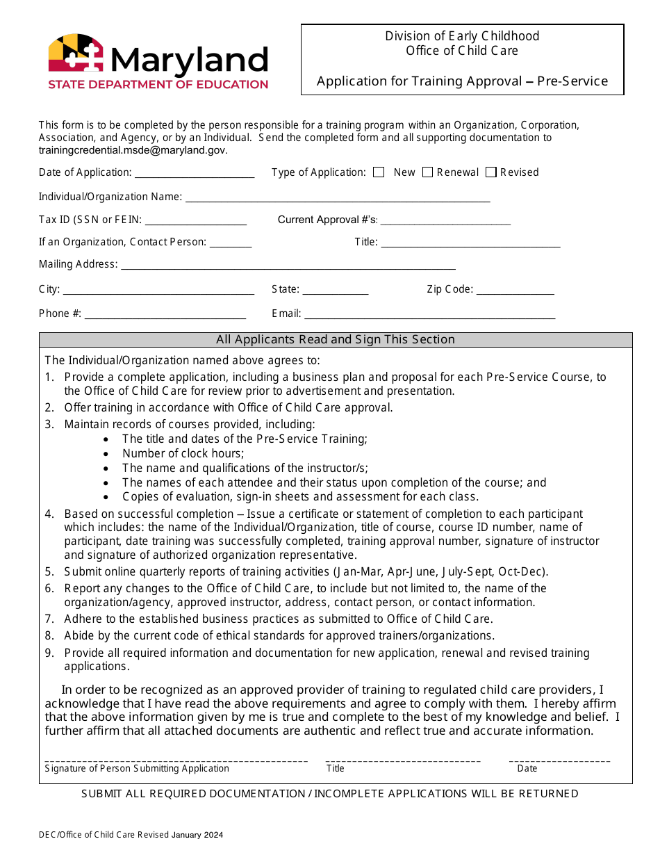 Application for Training Approval - Pre-service - Maryland, Page 1