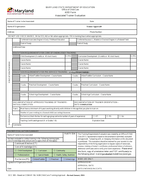 Form OCC300 Add Form - Associated Trainer Evaluation - Maryland