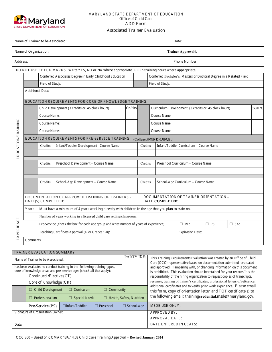 Form OCC300 Add Form - Associated Trainer Evaluation - Maryland, Page 1