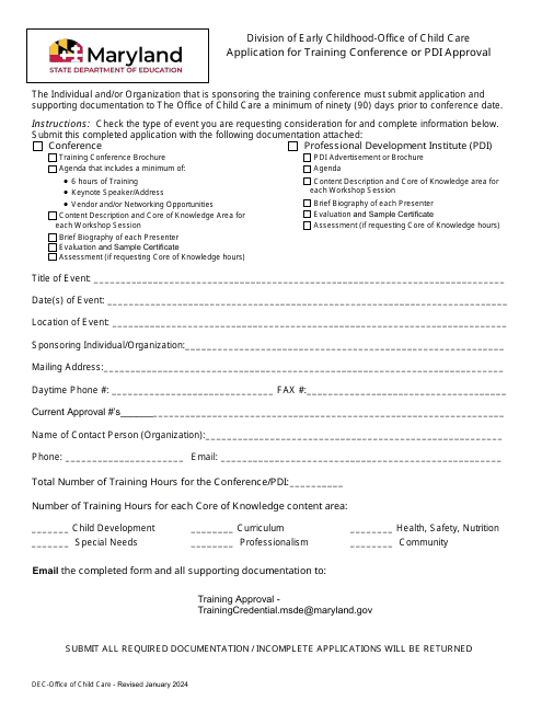 Application for Training Conference or Pdi Approval - Maryland Download Pdf