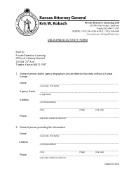 Document preview: Private Detective Unlicensed Activity Form - Kansas