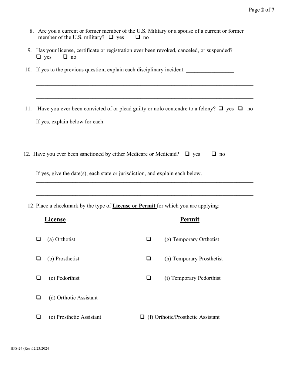 Form HFS-24 Application for Initial Licensure - Licensed Orthotist, Pedorthist, Prosthetist, Orthotic Assistant, Prosthetic Assistant  Orthotic / Prosthetic Assistant - Arkansas, Page 2