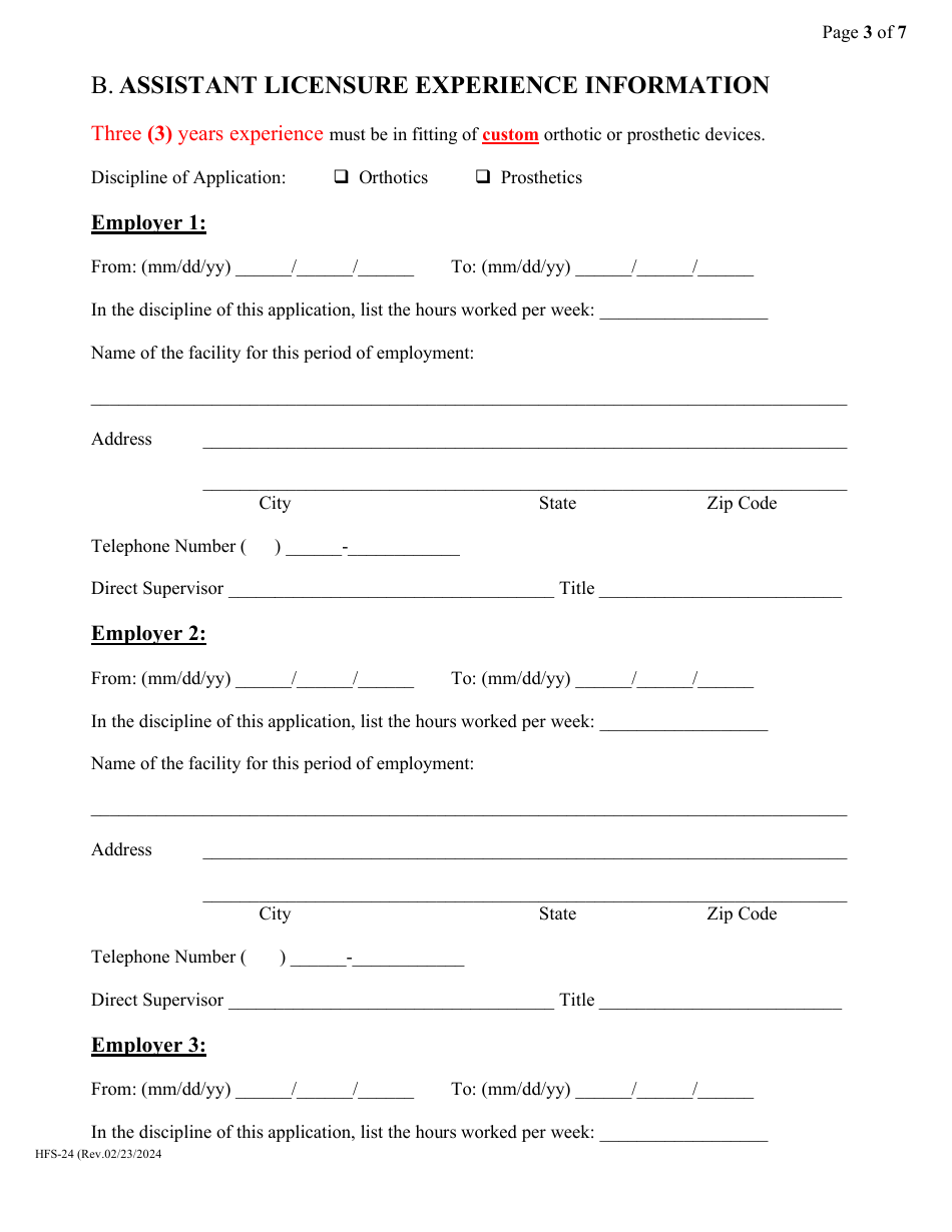 Form HFS-24 Application for Initial Licensure - Licensed Orthotist, Pedorthist, Prosthetist, Orthotic Assistant, Prosthetic Assistant  Orthotic / Prosthetic Assistant - Arkansas, Page 3