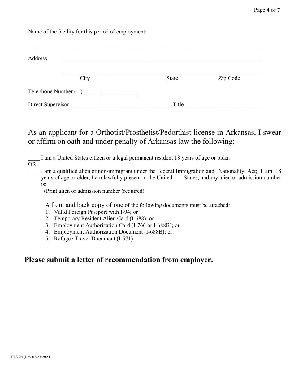 Form HFS-24 Application for Initial Licensure - Licensed Orthotist, Pedorthist, Prosthetist, Orthotic Assistant, Prosthetic Assistant  Orthotic / Prosthetic Assistant - Arkansas, Page 4