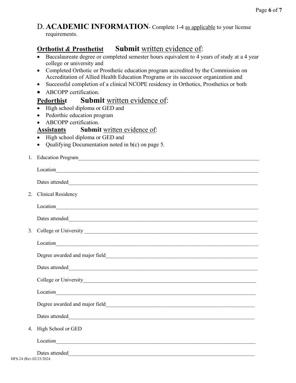 Form HFS-24 Application for Initial Licensure - Licensed Orthotist, Pedorthist, Prosthetist, Orthotic Assistant, Prosthetic Assistant  Orthotic / Prosthetic Assistant - Arkansas, Page 6