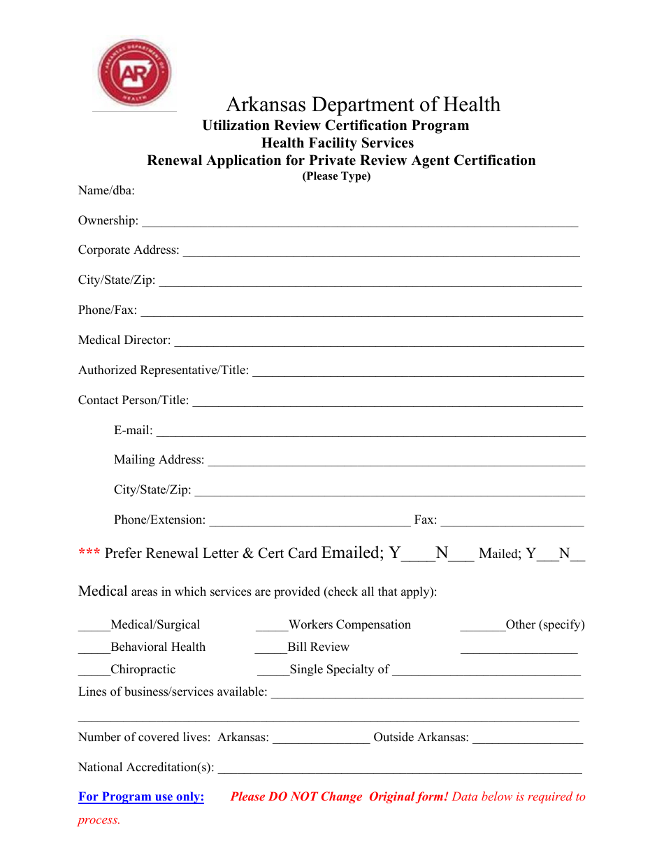 Renewal Application for Private Review Agent Certification - Utilization Review Certification Program - Health Facility Services - Arkansas, Page 1