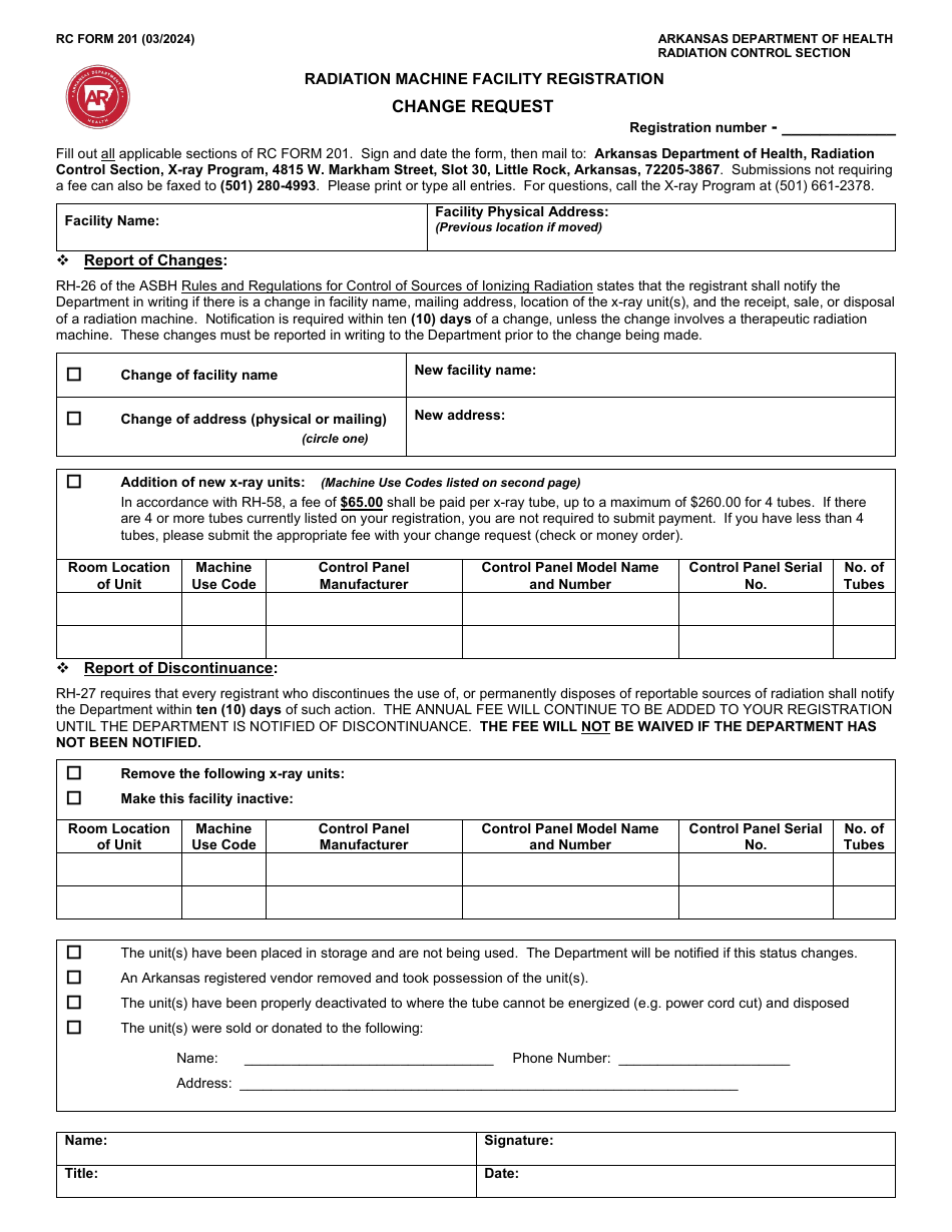 RC Form 201 Change Request - Radiation Machine Facility Registration - Arkansas, Page 1