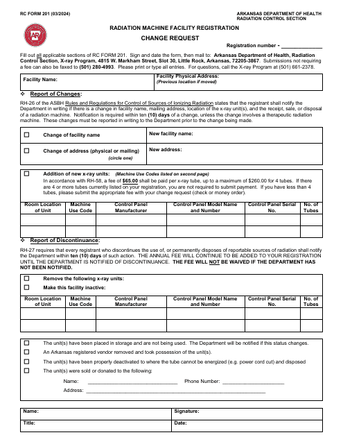 RC Form 201 Change Request - Radiation Machine Facility Registration - Arkansas