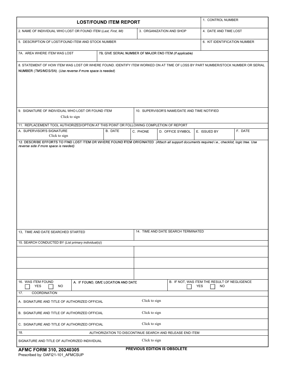 AFMC Form 310 Download Fillable PDF or Fill Online Lost/Found Item ...