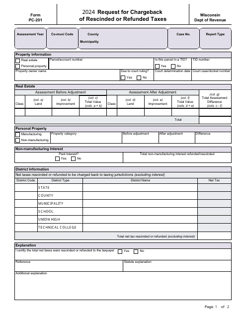 Form PC-201 Request for Chargeback of Rescinded or Refunded Taxes - Wisconsin, 2024
