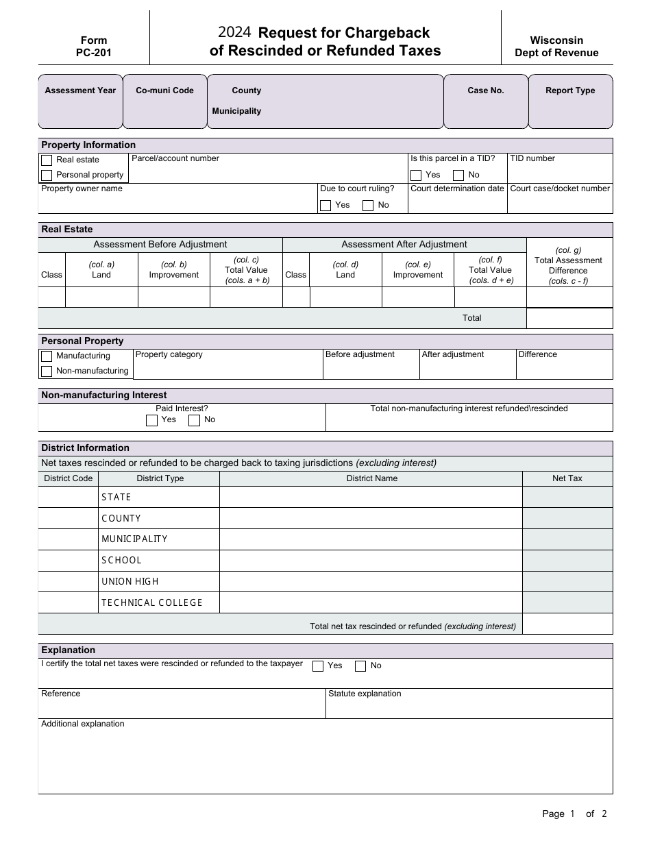 Form PC-201 Request for Chargeback of Rescinded or Refunded Taxes - Wisconsin, Page 1