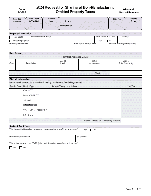 Form PC-205 Request for Sharing of Non-manufacturing Omitted Property Taxes - Wisconsin, 2024