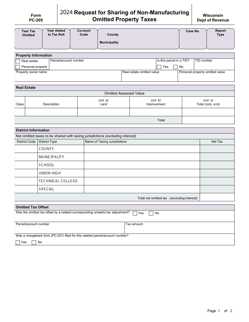 Form PC-205 Request for Sharing of Non-manufacturing Omitted Property Taxes - Wisconsin, Page 1