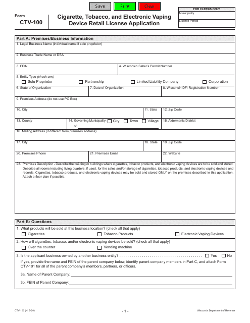 Form CTV-100 Cigarette, Tobacco, and Electronic Vaping Device Retail License Application - Wisconsin