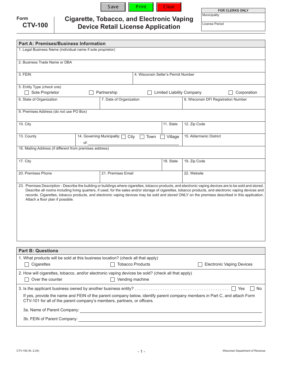 Form CTV-100 Cigarette, Tobacco, and Electronic Vaping Device Retail License Application - Wisconsin, Page 1