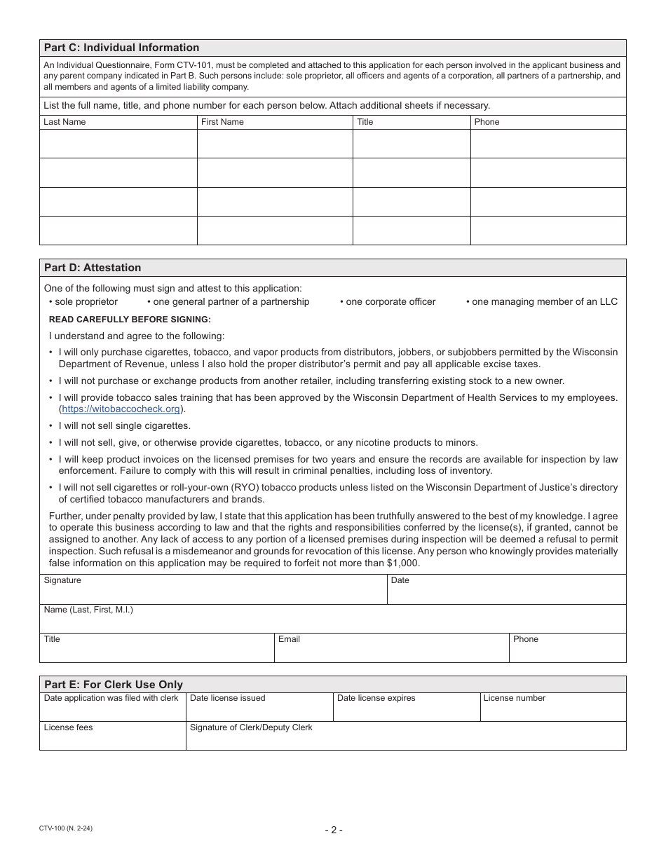 Form CTV-100 Cigarette, Tobacco, and Electronic Vaping Device Retail License Application - Wisconsin, Page 2