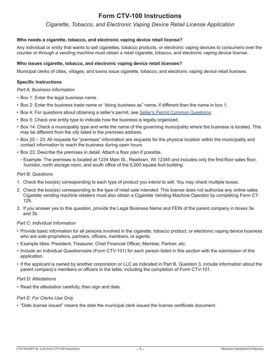 Form CTV-100 Cigarette, Tobacco, and Electronic Vaping Device Retail License Application - Wisconsin, Page 3