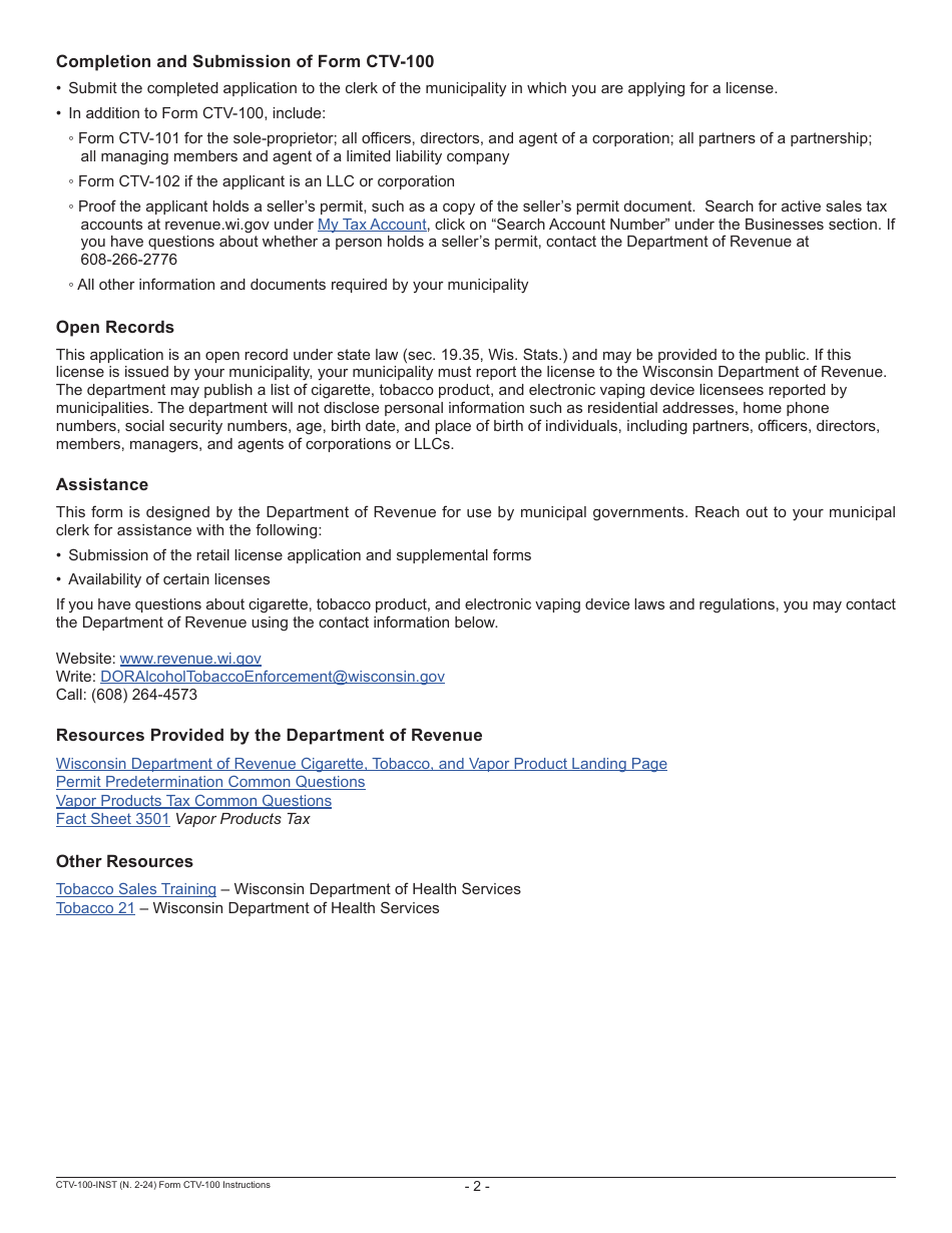 Form CTV-100 Cigarette, Tobacco, and Electronic Vaping Device Retail License Application - Wisconsin, Page 4