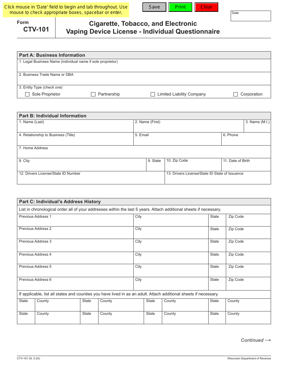 Form CTV-101 Cigarette, Tobacco, and Electronic Vaping Device License - Individual Questionnaire - Wisconsin, Page 1