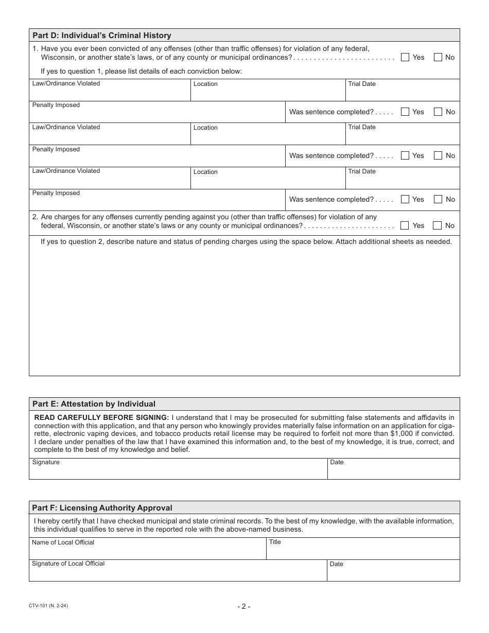 Form CTV-101 Cigarette, Tobacco, and Electronic Vaping Device License - Individual Questionnaire - Wisconsin, Page 2
