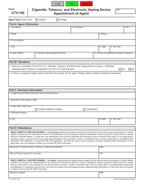 Form CTV-102 Cigarette, Tobacco, and Electronic Vaping Device Appointment of Agent - Wisconsin