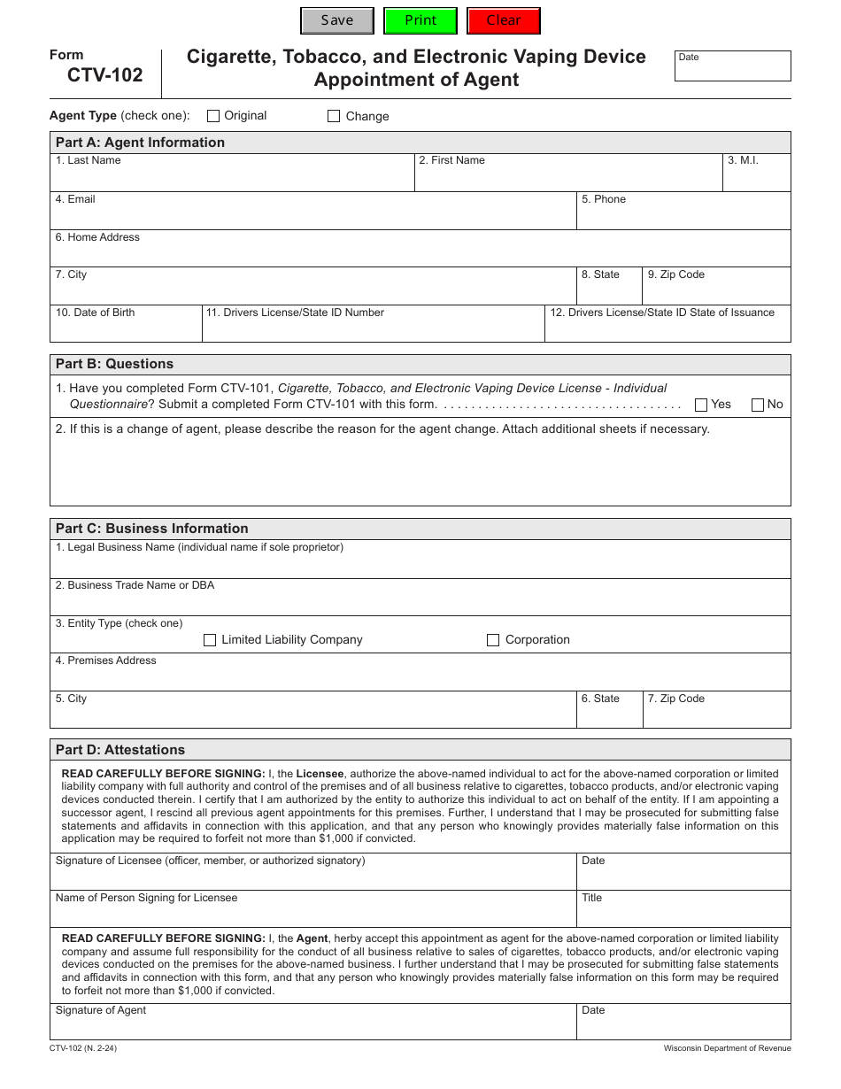 Form CTV-102 Cigarette, Tobacco, and Electronic Vaping Device Appointment of Agent - Wisconsin, Page 1