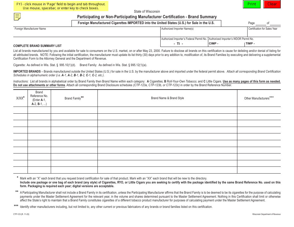 Form CTP-123 Participating or Non-participating Manufacturer Certification - Brand Summary - Foreign Manufactured Cigarettes Imported Into the United States (U.S.) for Sale in the U.s. - Wisconsin, Page 1