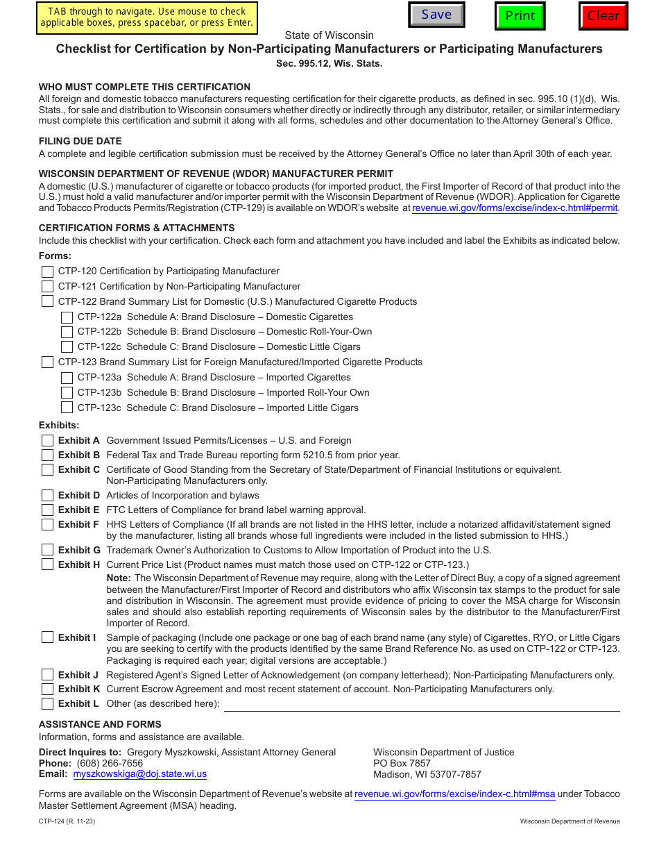 Form CTP-124 Checklist for Certification by Non-participating Manufacturers or Participating Manufacturers - Wisconsin, Page 1