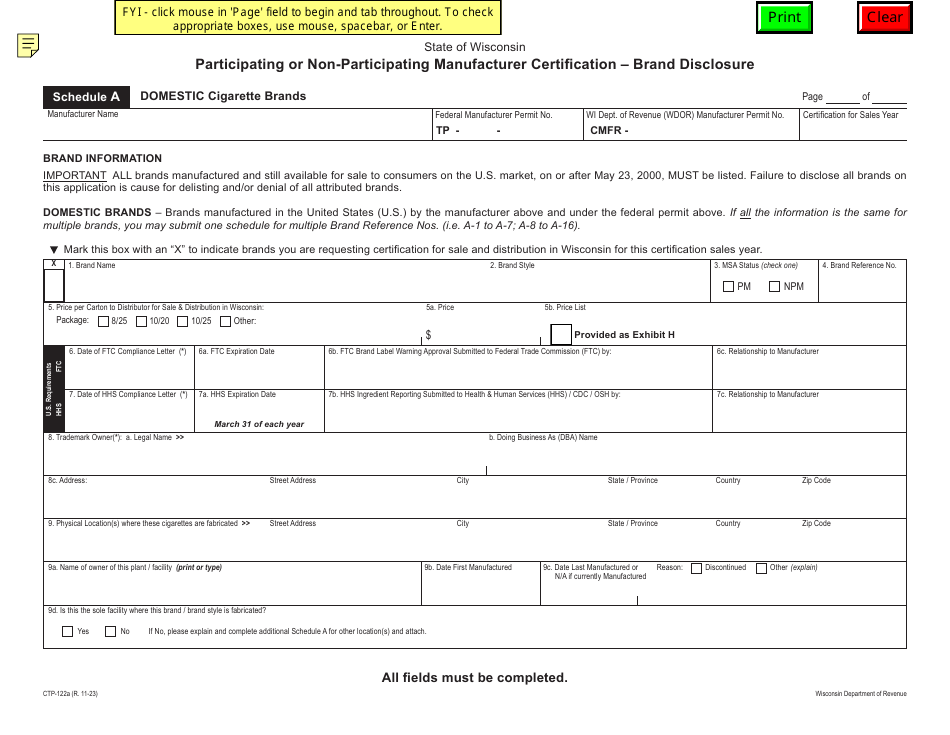 Form CTP-122A Schedule A Participating or Non-participating Manufacturer Certification - Brand Disclosure - Domestic Cigarette Brands - Wisconsin, Page 1