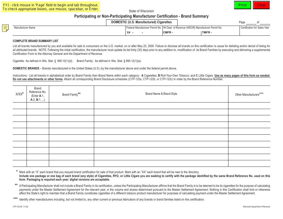 Form CTP-122 Participating or Non-participating Manufacturer Certification - Brand Summary - Domestic (U.S. Manufactured) Cigarettes - Wisconsin, Page 1