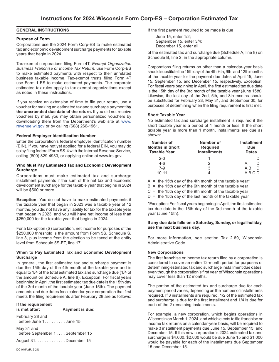 Instructions for Form CORP-ES Wisconsin Corporation Estimated Tax Voucher - Wisconsin, Page 1