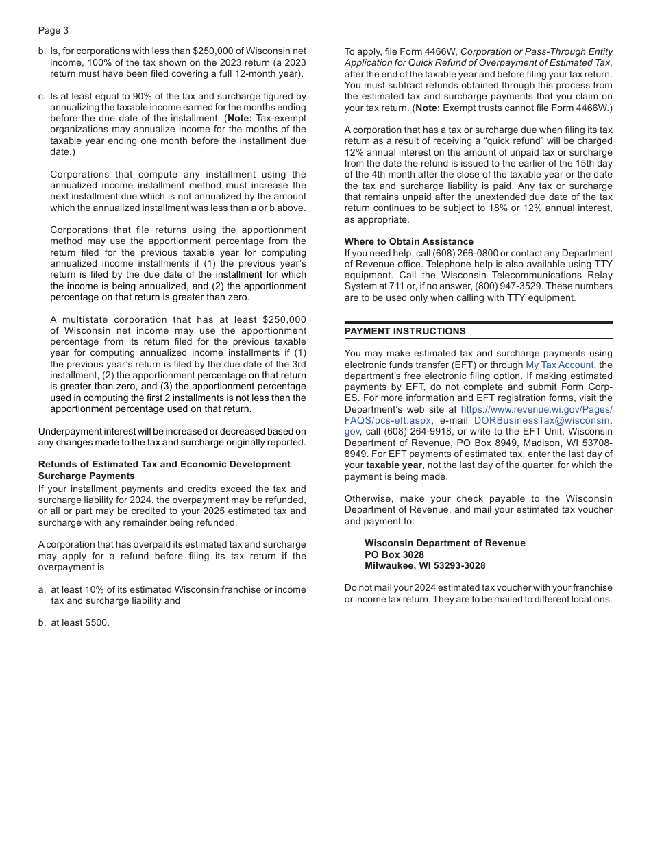 Instructions for Form CORP-ES Wisconsin Corporation Estimated Tax Voucher - Wisconsin, Page 3