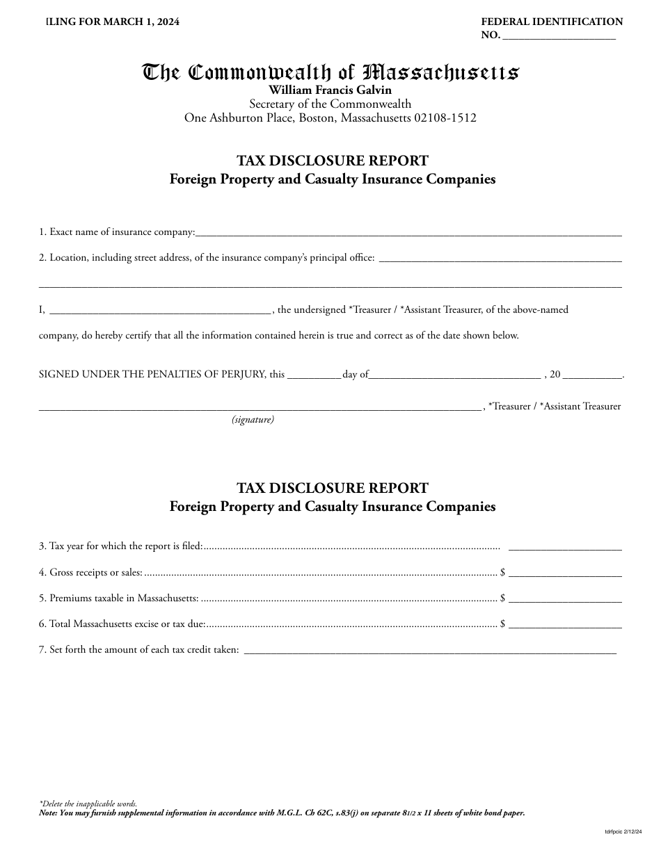 Tax Disclosure Report - Foreign Property and Casualty Insurance Companies - Massachusetts, Page 1
