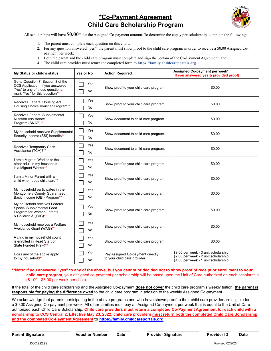 Form DOC.922.99 Co-payment Agreement - Child Care Scholarship Program - Maryland, Page 1