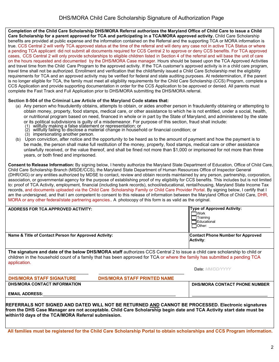 DHS-Mora Referral Form - Child Care Scholarship Program - Maryland, Page 2