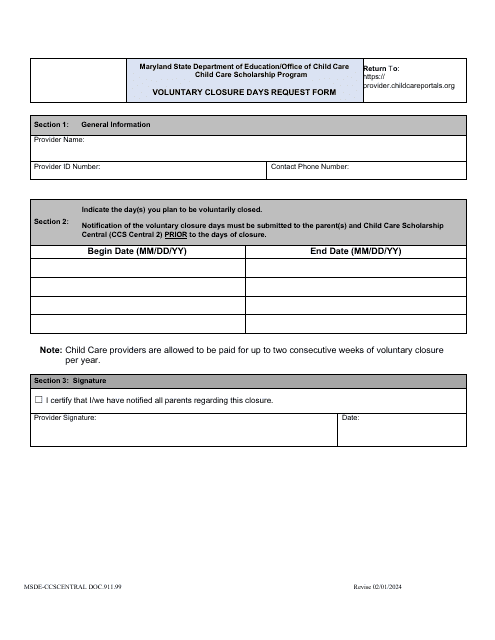 Form DOC.911.99 Voluntary Closure Days Request Form - Child Care Scholarship Program - Maryland