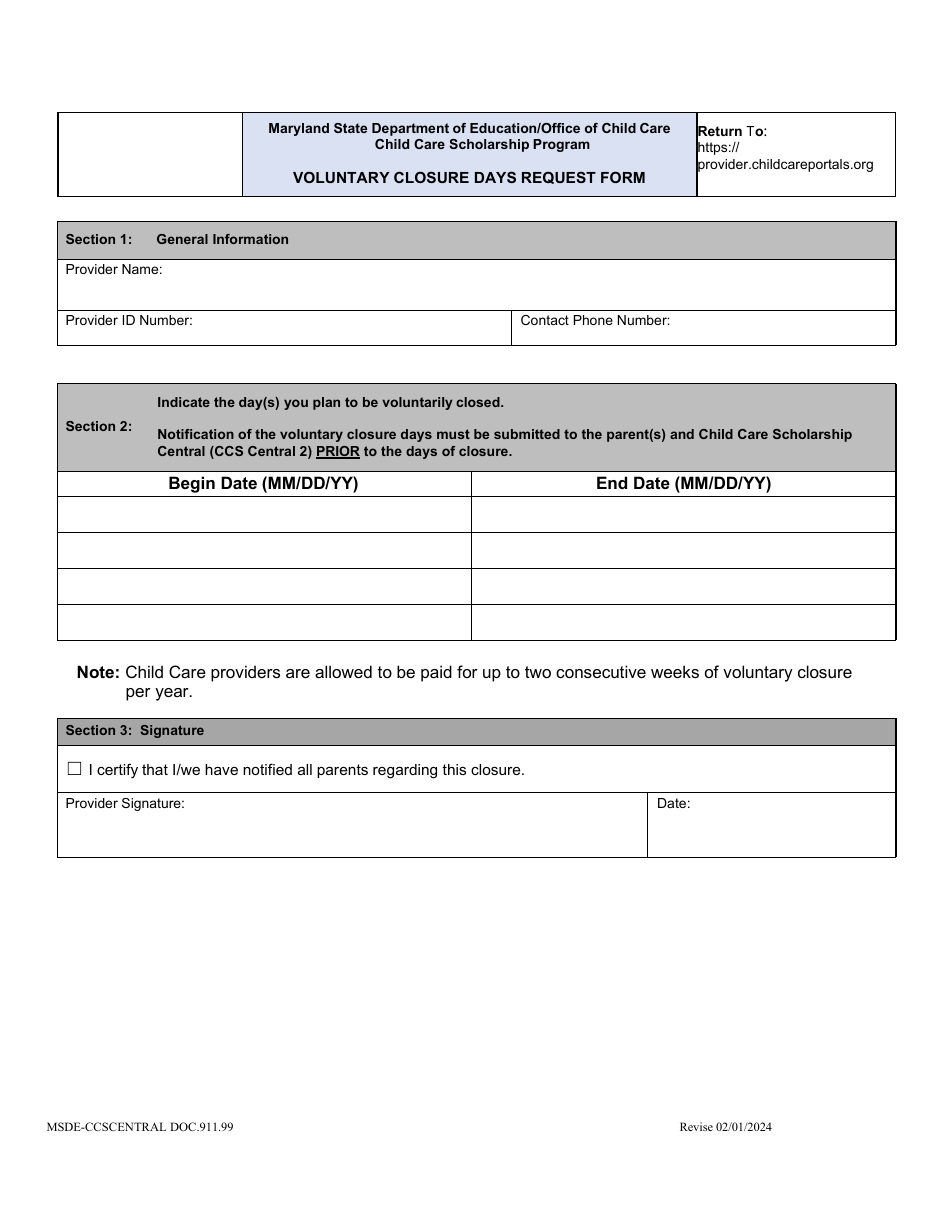 Form DOC.911.99 Voluntary Closure Days Request Form - Child Care Scholarship Program - Maryland, Page 1