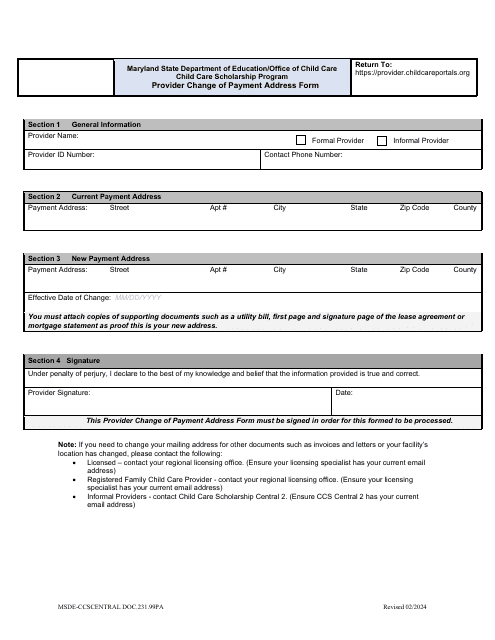 Form DOC.231.99PA Provider Change of Address Form - Child Care Scholarship Program - Maryland