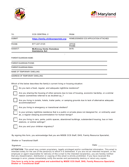 Homelessness Ccs Application Coversheet - Maryland Download Pdf