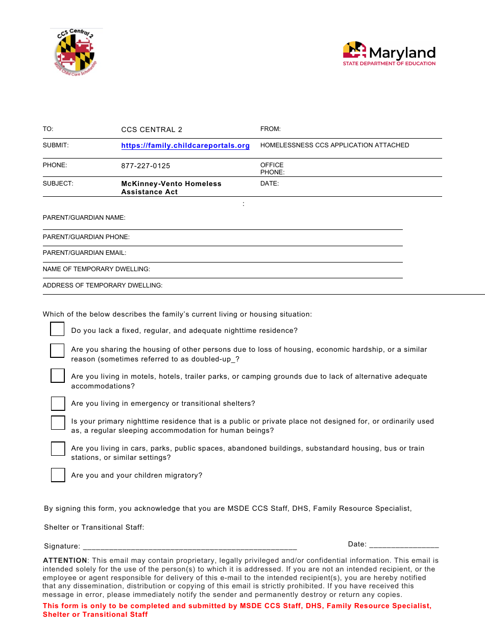 Homelessness Ccs Application Coversheet - Maryland, Page 1
