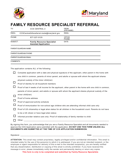 Family Resource Specialist Referral - Maryland