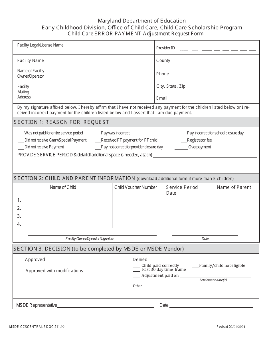 Form DOC.911.99 Child Care Error Payment Adjustment Request Form - Child Care Scholarship Program - Maryland, Page 2
