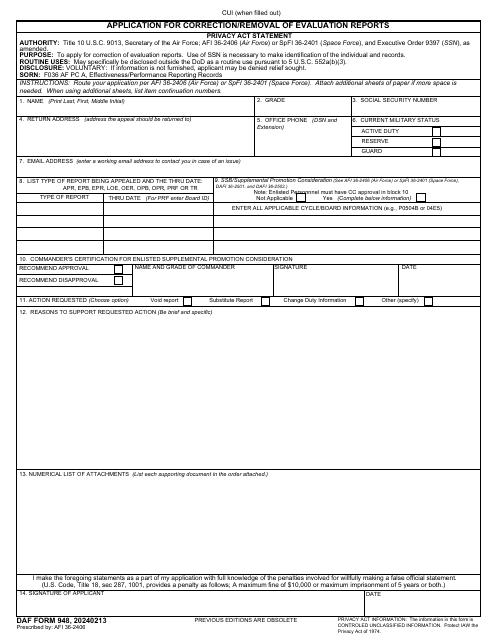 DAF Form 948 Application for Correction/Removal of Evaluation Reports