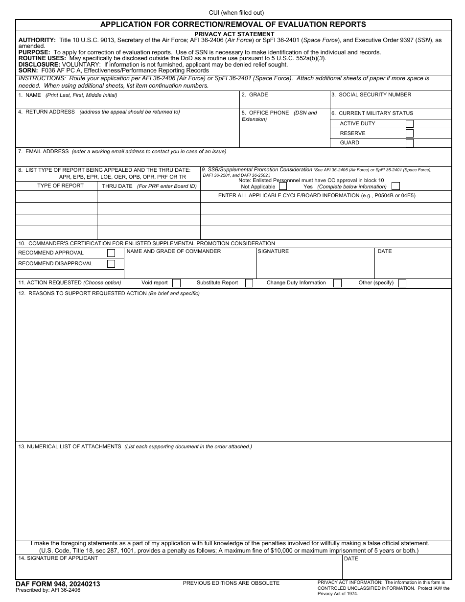 DAF Form 948 Application for Correction / Removal of Evaluation Reports, Page 1