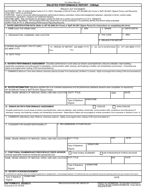 DAF Form 912 Enlisted Performance Report (CMSgt)