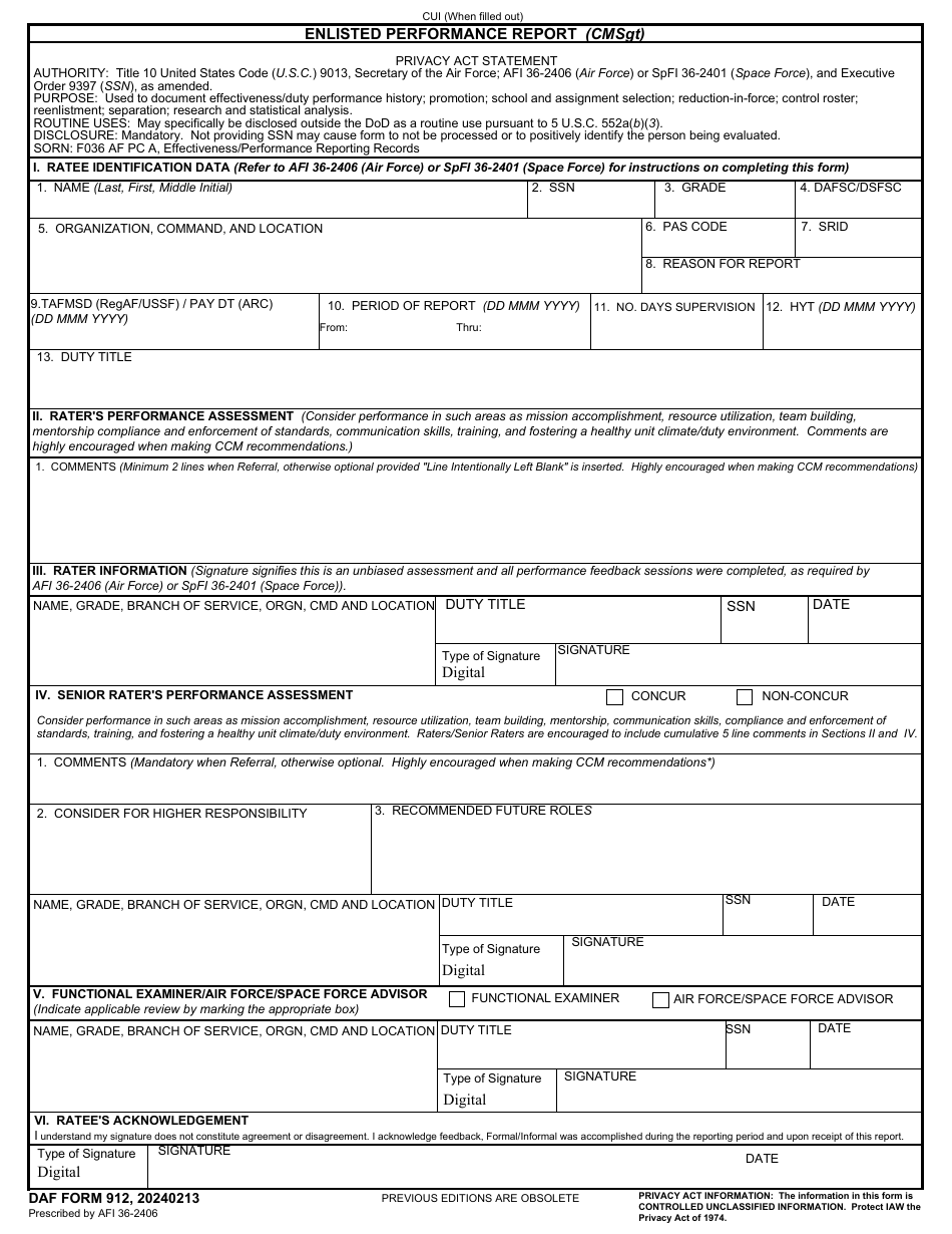 DAF Form 912 Enlisted Performance Report (CMSgt), Page 1