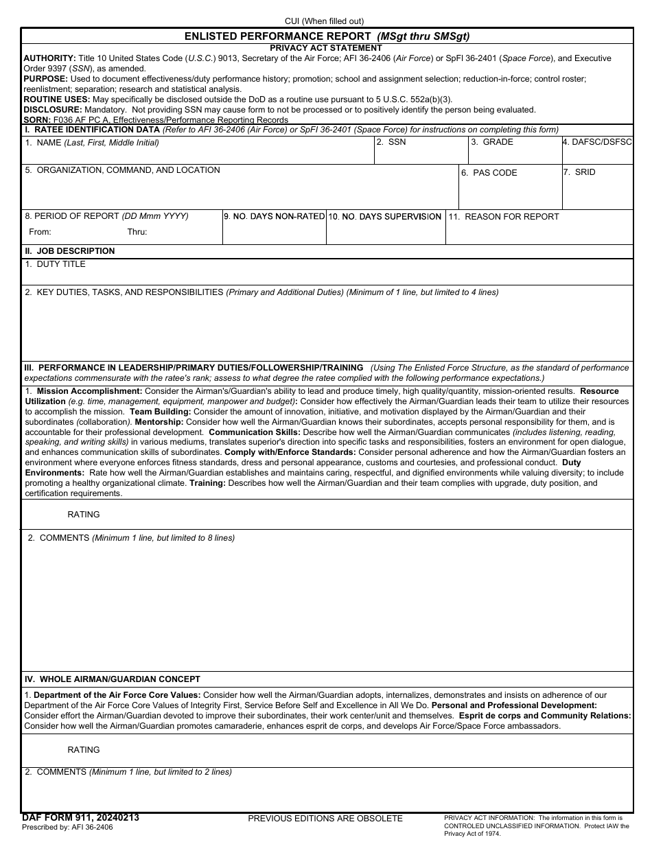 DAF Form 911 Enlisted Performance Report (MSGT Thru SMSGT), Page 1