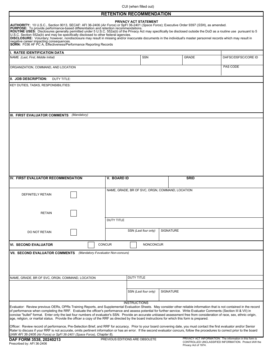 DAF Form 3538 Retention Recommendation, Page 1